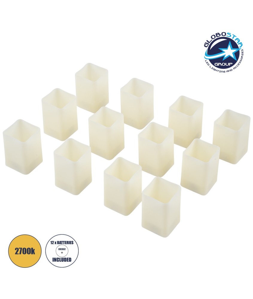GloboStar® CANDLE 79539 ΣΕΤ 12 x Διακοσμητικά Realistic Κεράκια με LED Εφέ Κινούμενης Φλόγας - Μπαταρίας 12 x CR2032 Θερμό Λευκό 2700K Μπεζ L3.7 x W3.7 x H5.5cm